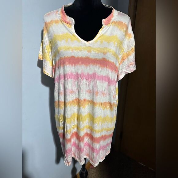 LuLaRoe Tops - LuLaRoe Layla Mandarin Collar Shirt – Women’s 2XL – White with Tie Dye Stripes –
